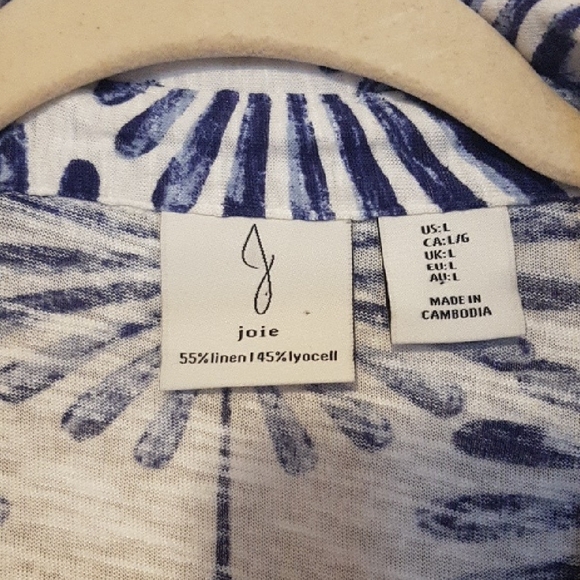 Joie Blue & White collared v neck patterned boxy tee linen blend sz L - Picture 2 of 5